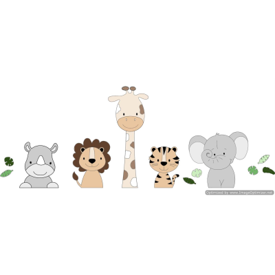 5 Jungle dieren neushoorn, leeuw, giraf,tijger,olifant - naturel tinten (bladeren optioneel) (115x55cm)